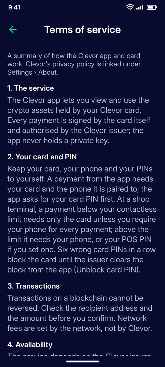 Clevor app screenshot: onboarding terms
