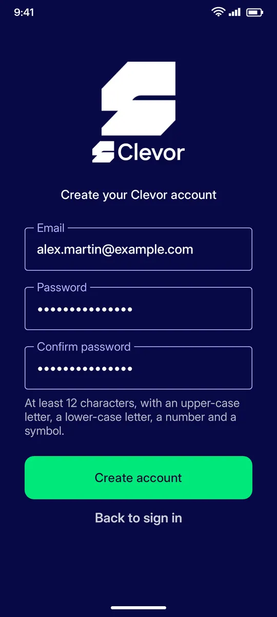 Clevor app screenshot: signup create account