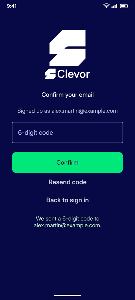 Clevor app screenshot: signup confirm email code