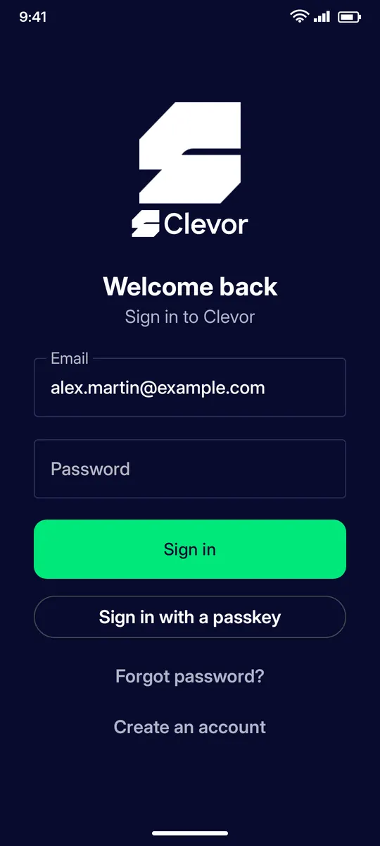Clevor app screenshot: signin email password