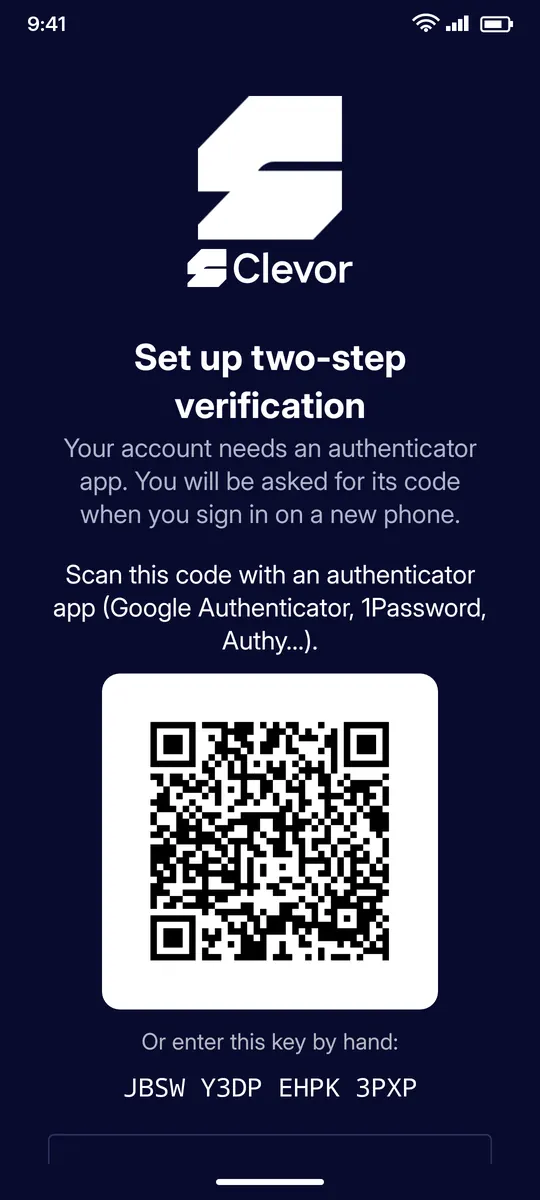 Clevor app screenshot: signin two step setup