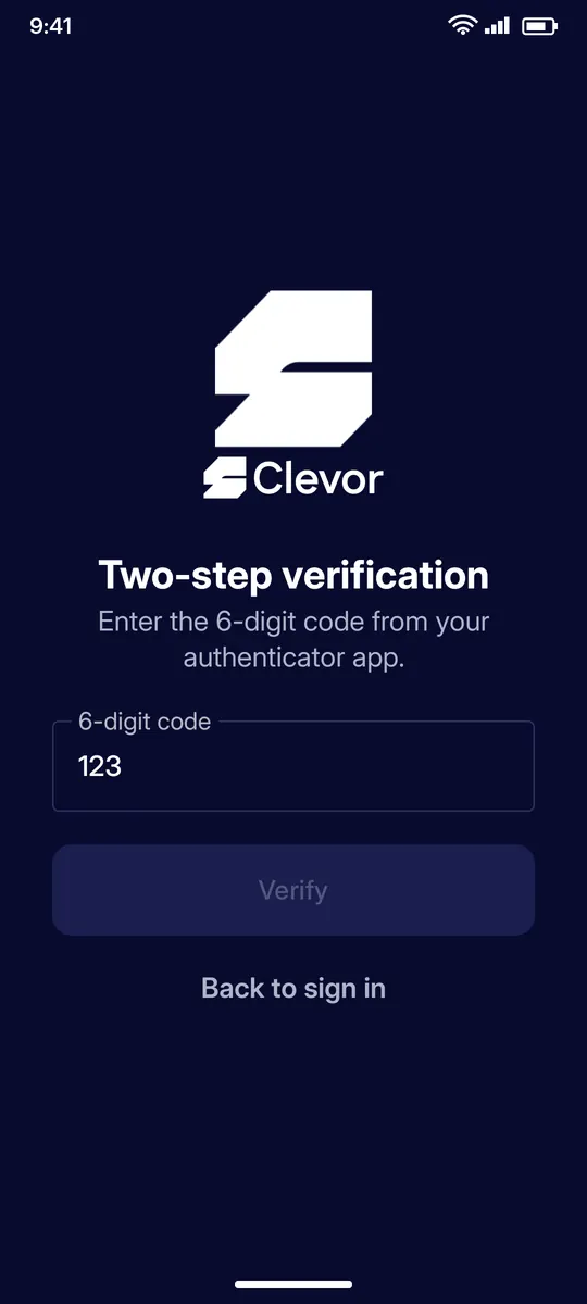 Clevor app screenshot: signin two step code
