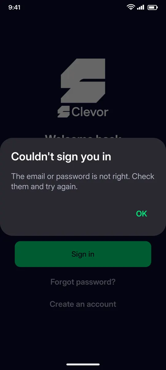 Clevor app screenshot: signin error dialog
