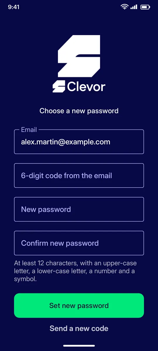 Clevor app screenshot: signin forgot password new