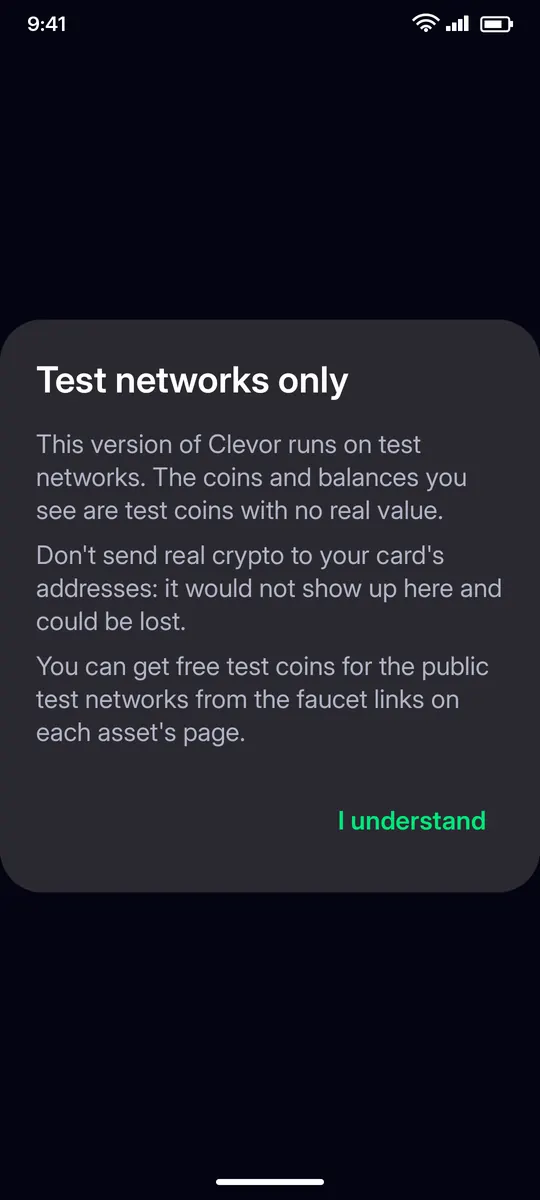 Clevor app screenshot: firstrun test networks notice