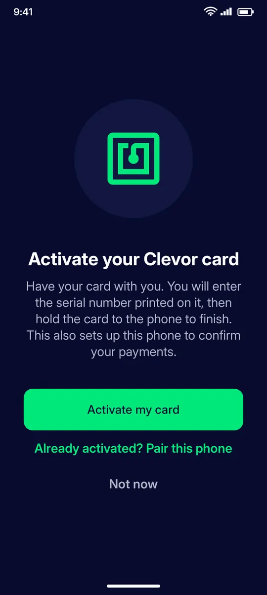 Clevor app screenshot: firstrun activate prompt