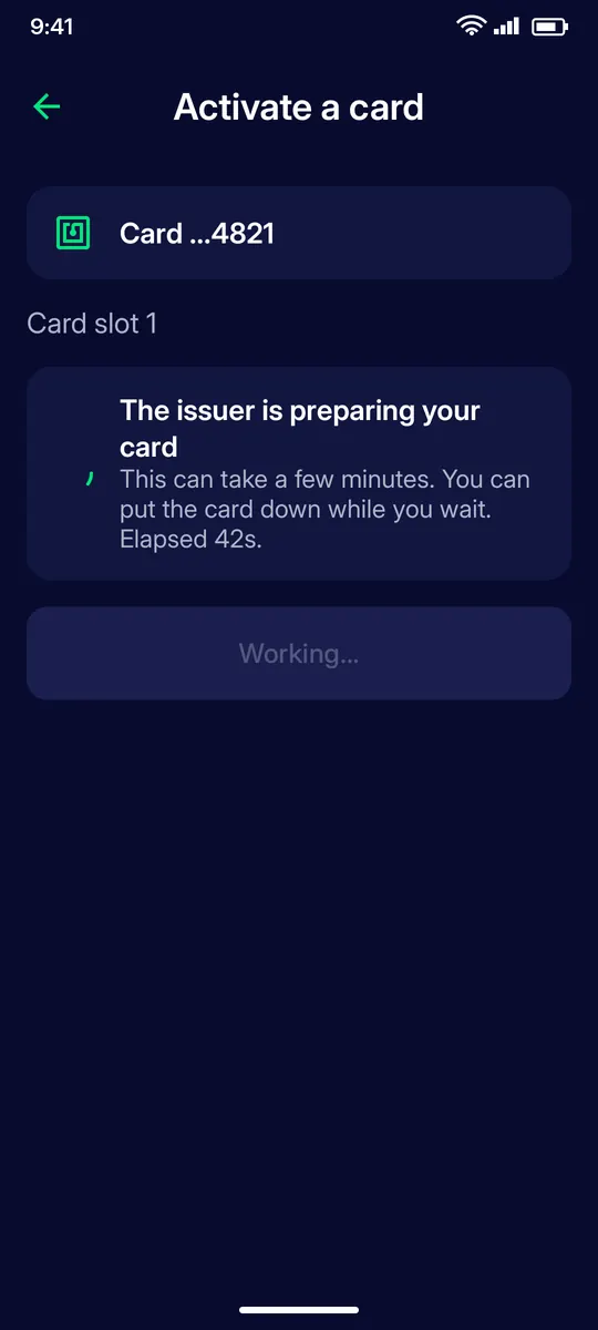 Clevor app screenshot: activate issuer preparing