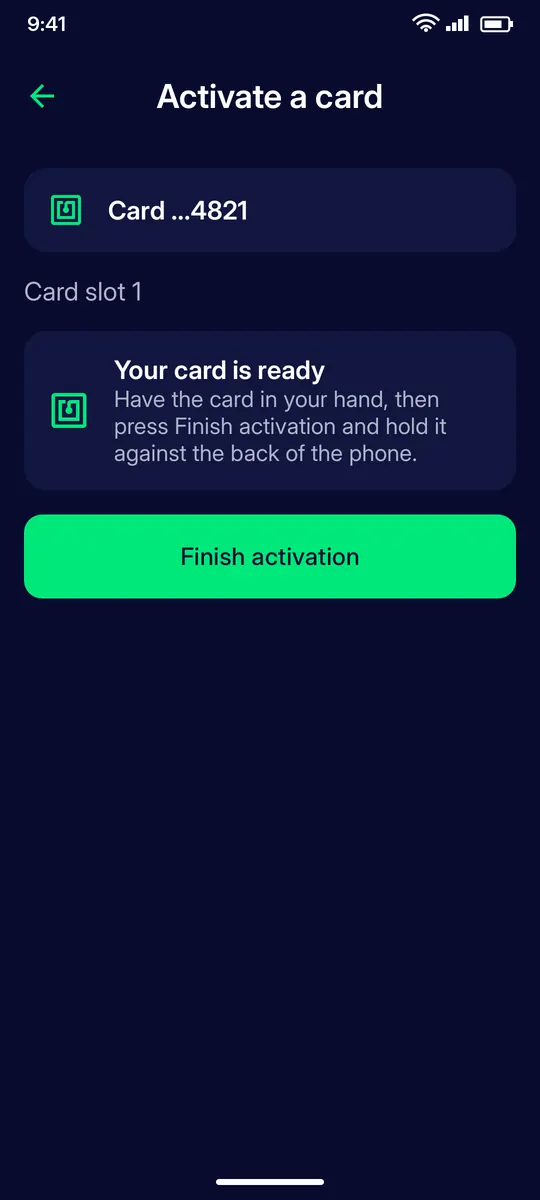 Clevor app screenshot: activate card ready tap