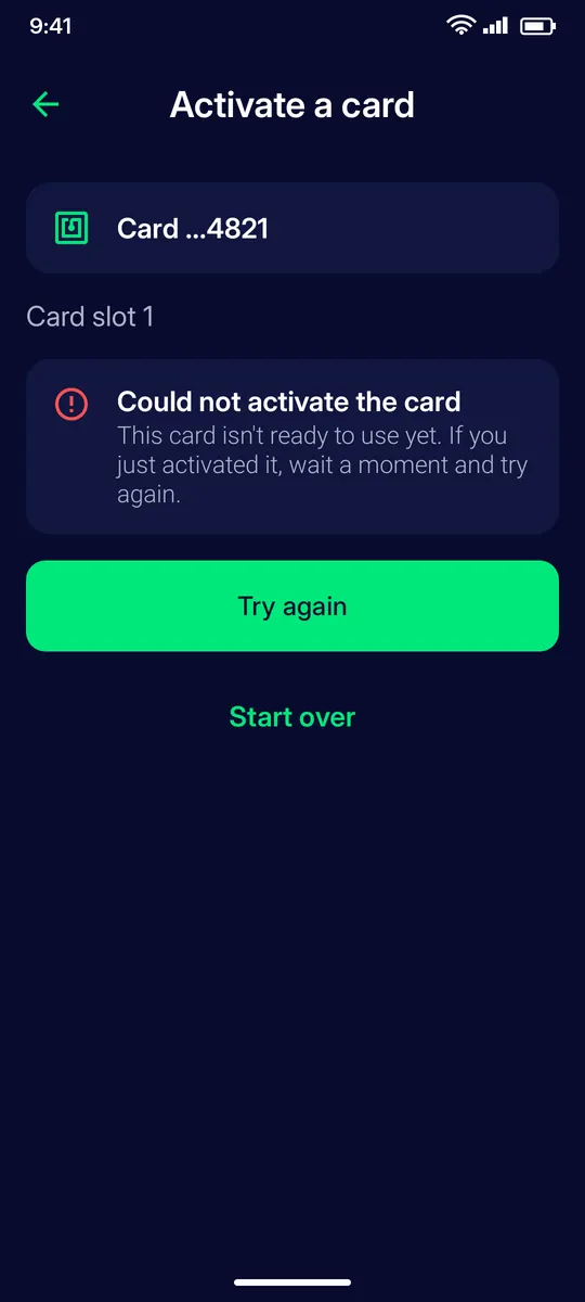 Clevor app screenshot: activate failed