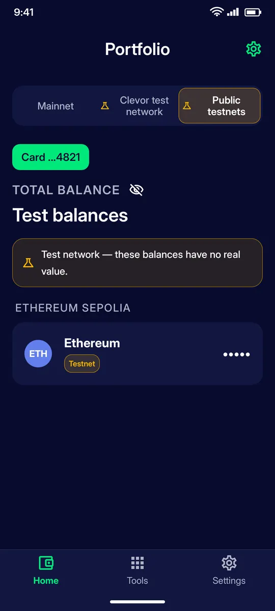Clevor app screenshot: home public testnets hidden balance