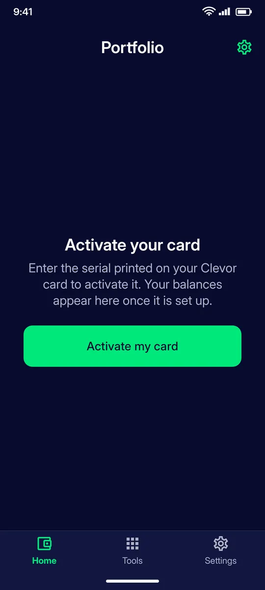 Clevor app screenshot: home no card