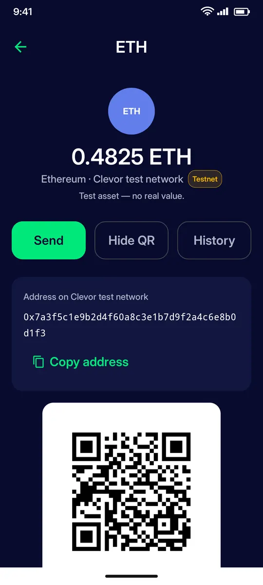 Clevor app screenshot: receive qr address