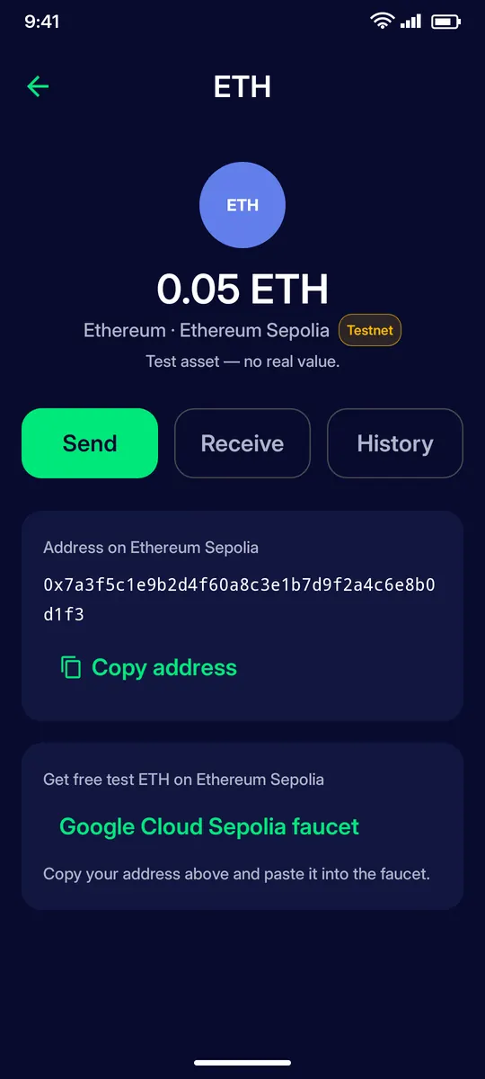 Clevor app screenshot: asset public testnet faucet