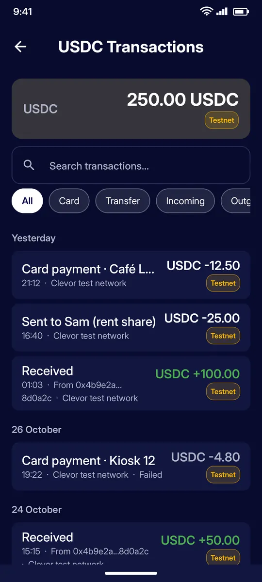 Clevor app screenshot: history list