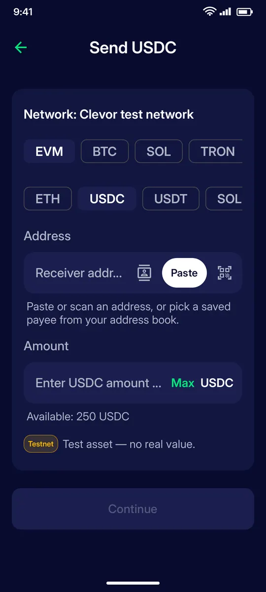 Clevor app screenshot: send amount empty