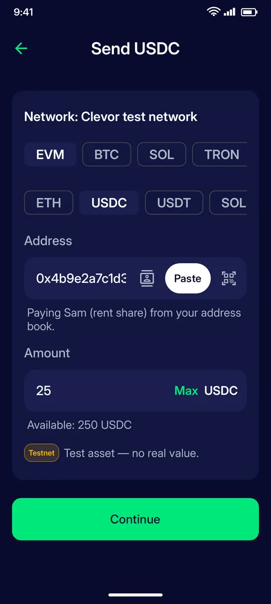 Clevor app screenshot: send amount filled