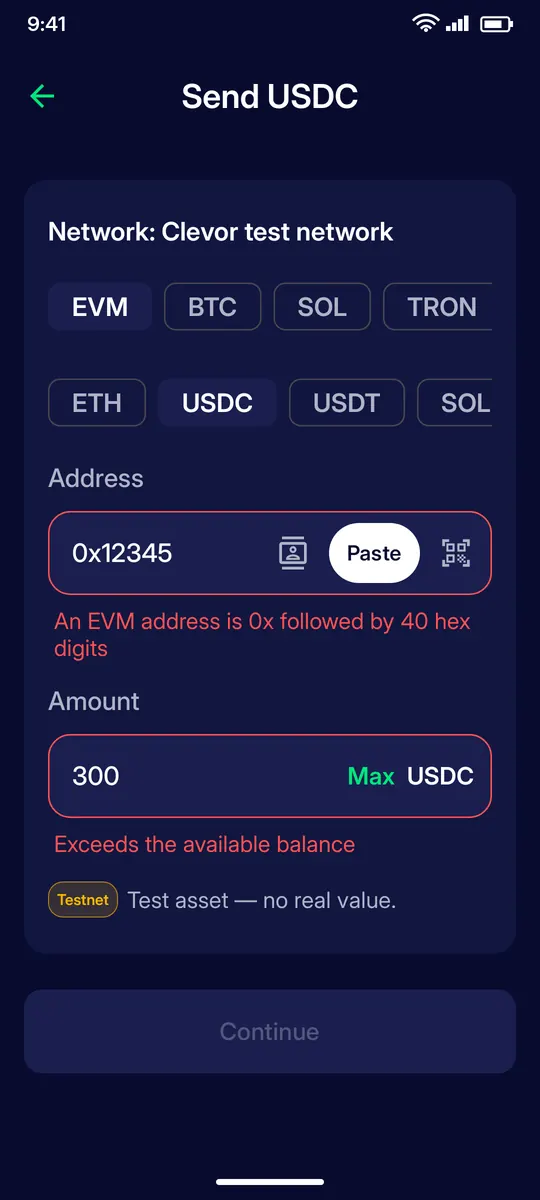 Clevor app screenshot: send validation errors