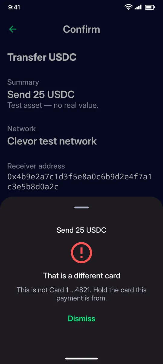 Clevor app screenshot: tapsheet wrong card