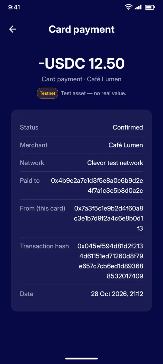 Clevor app screenshot: history detail card payment
