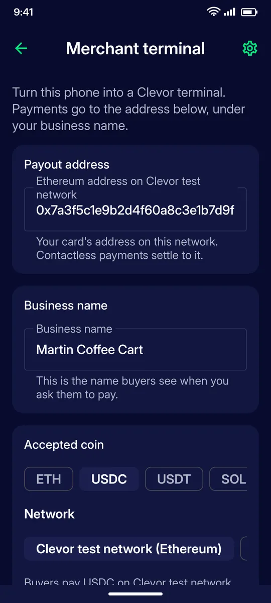 Clevor app screenshot: merchant setup