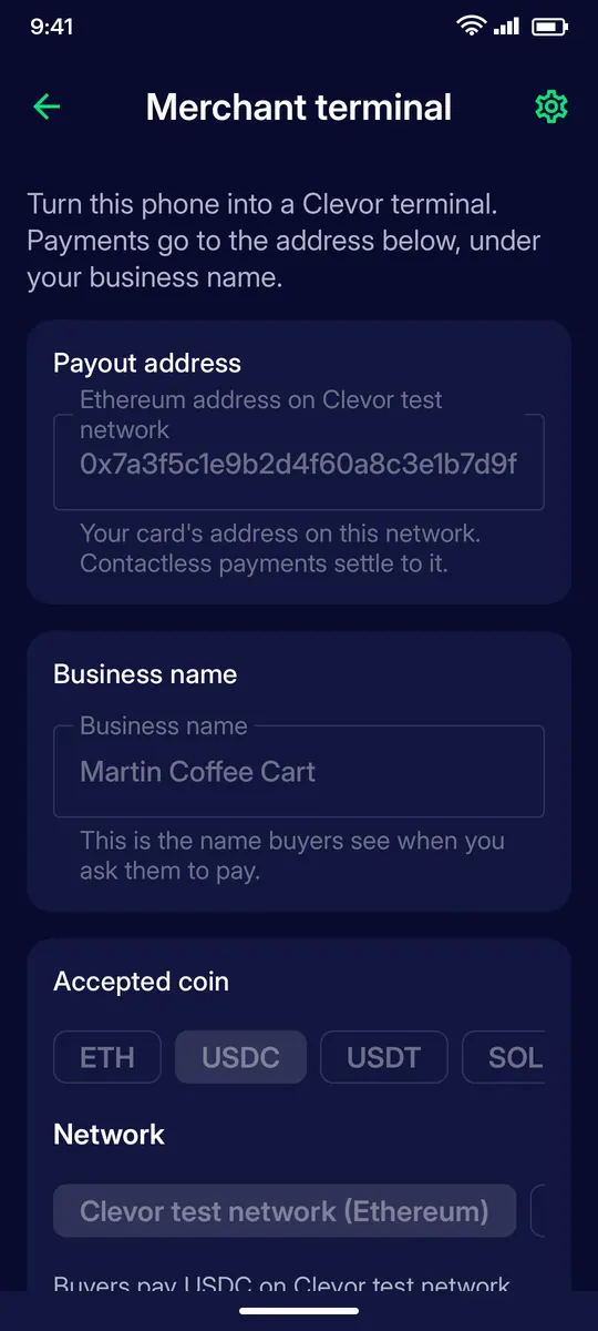 Clevor app screenshot: merchant registering