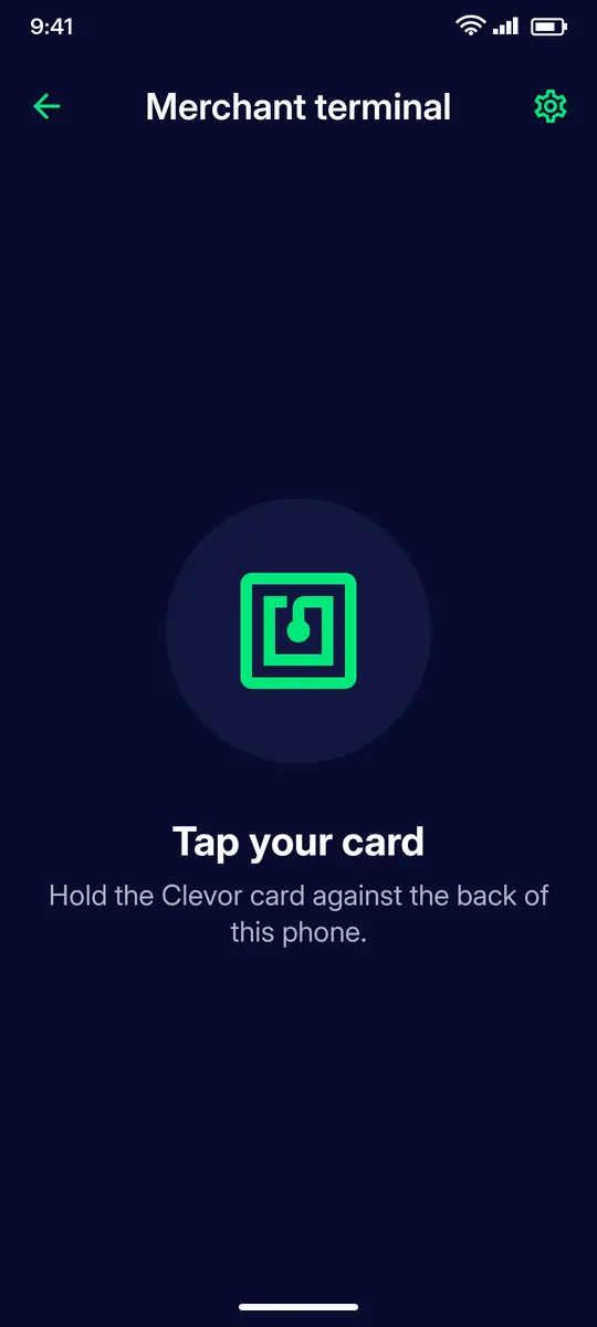 Clevor app screenshot: merchant kiosk waiting for card