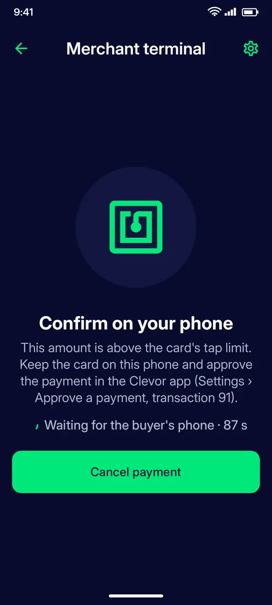 Clevor app screenshot: merchant kiosk awaiting buyer phone