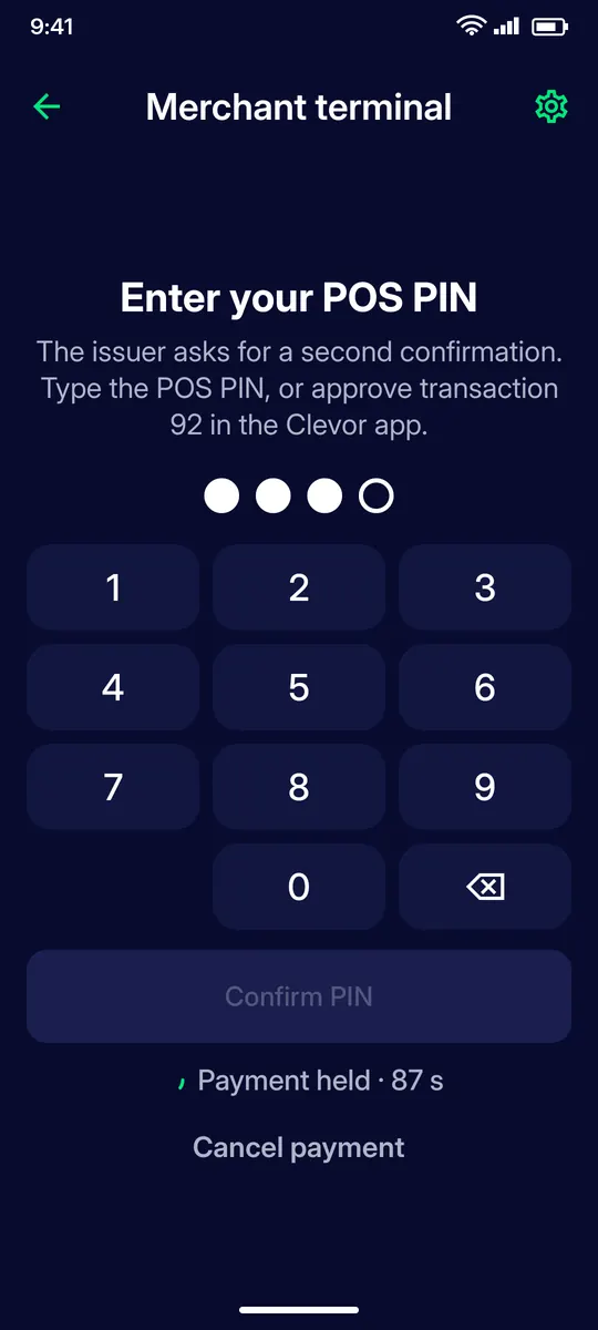 Clevor app screenshot: merchant kiosk pin entry