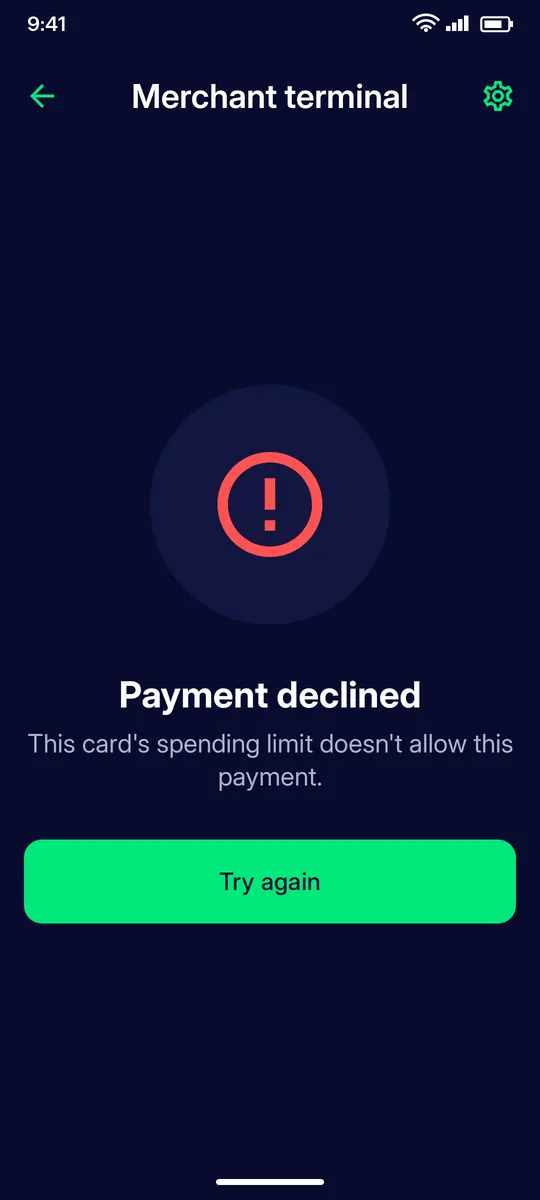 Clevor app screenshot: merchant kiosk declined