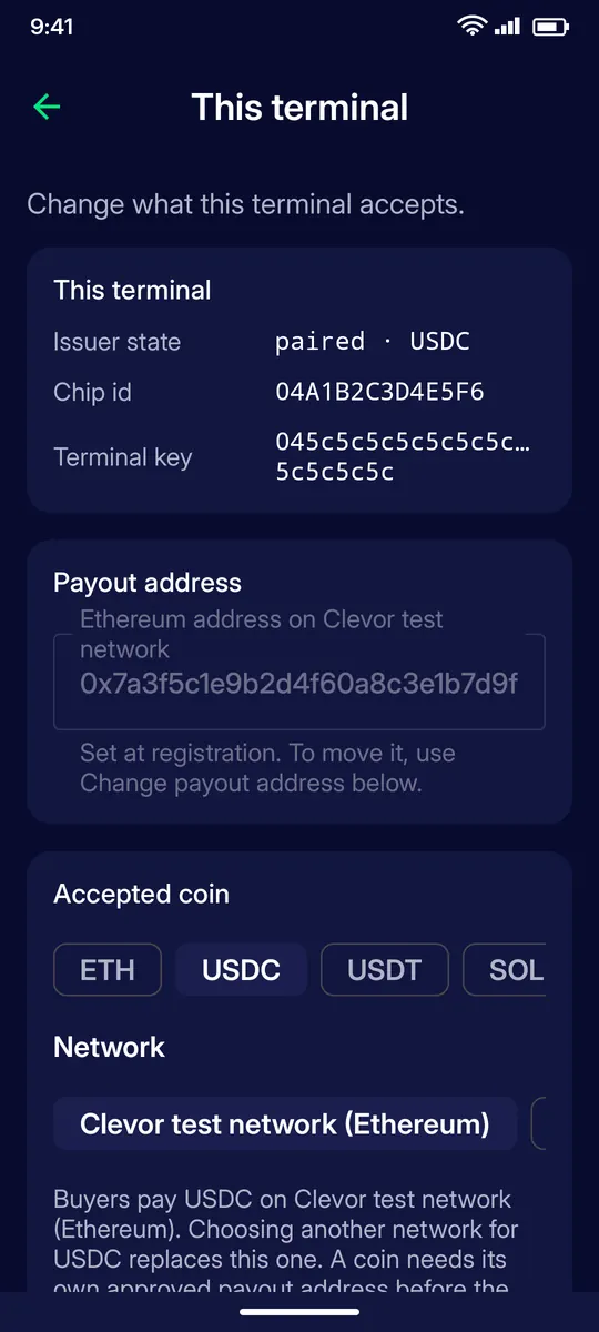 Clevor app screenshot: merchant terminal settings