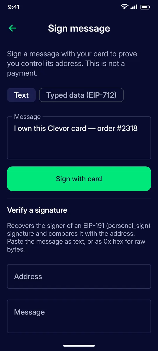 Clevor app screenshot: tools sign message