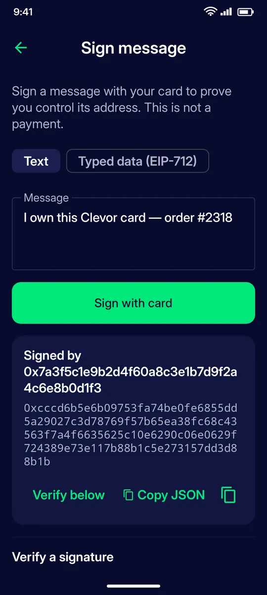 Clevor app screenshot: tools sign message signed