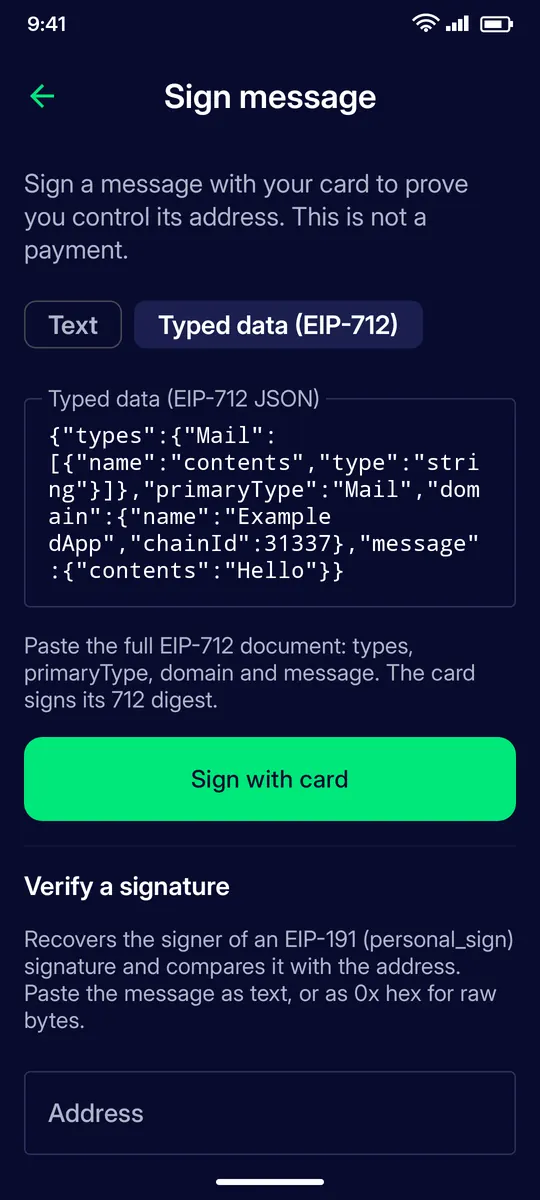 Clevor app screenshot: tools sign typed data