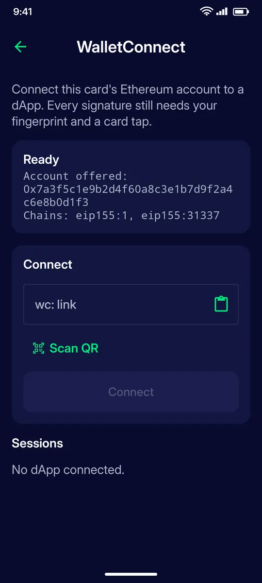 Clevor app screenshot: tools walletconnect
