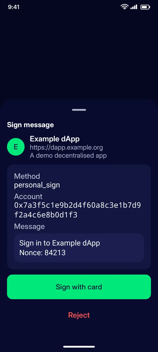 Clevor app screenshot: tools walletconnect sign sheet