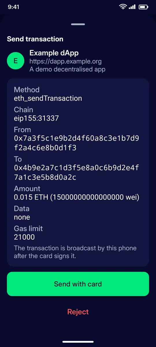 Clevor app screenshot: tools walletconnect transaction sheet