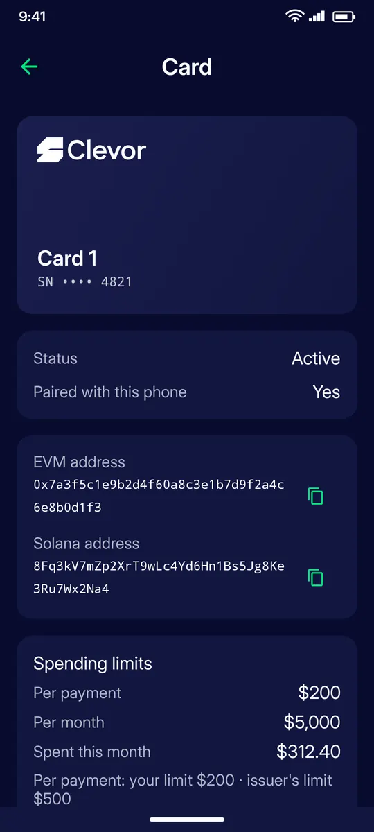 Clevor app screenshot: cards card page