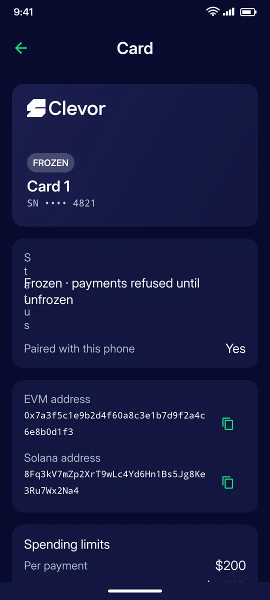 Clevor app screenshot: cards card frozen
