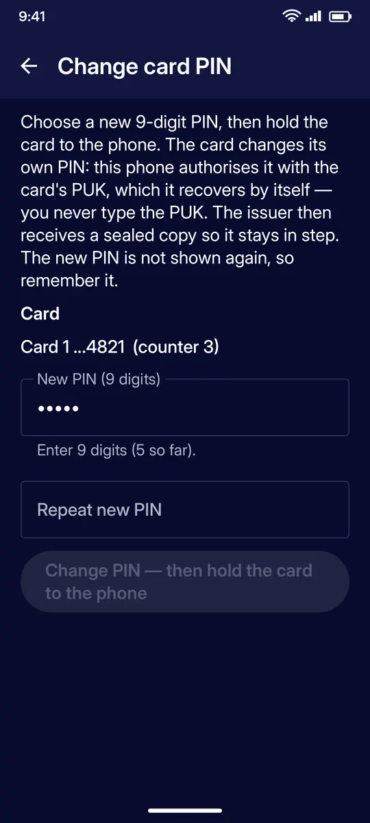 Clevor app screenshot: cards change pin
