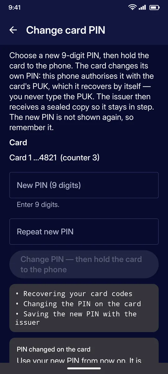 Clevor app screenshot: cards change pin done