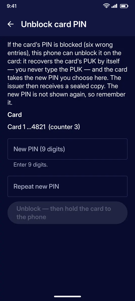 Clevor app screenshot: cards unblock pin