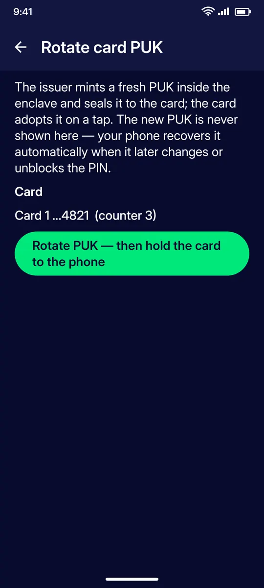 Clevor app screenshot: cards rotate puk