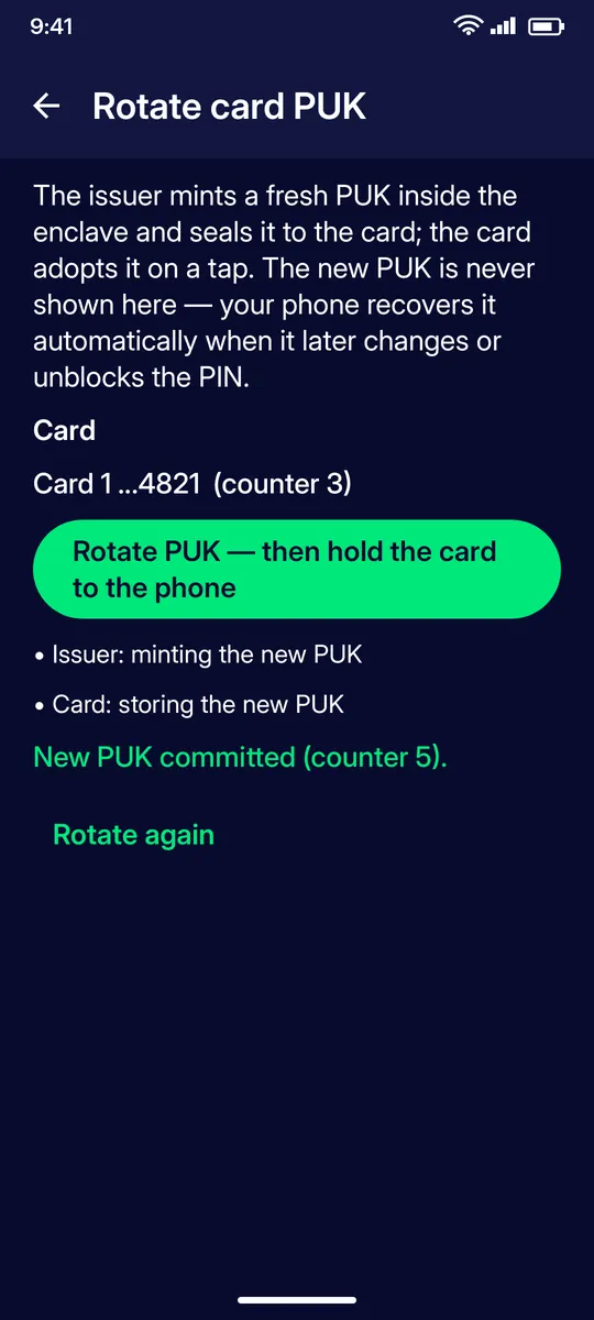Clevor app screenshot: cards rotate puk done