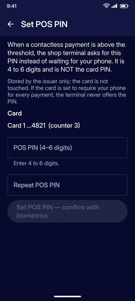 Clevor app screenshot: cards pos pin