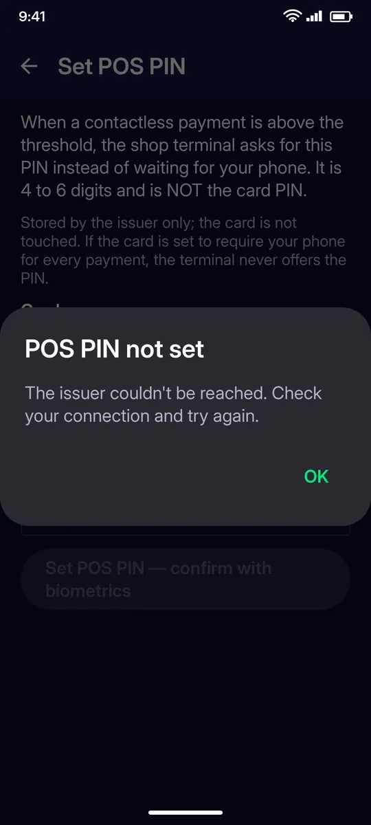 Clevor app screenshot: cards pos pin error dialog