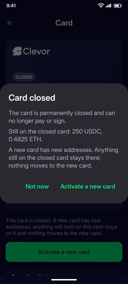Clevor app screenshot: cards card reported lost
