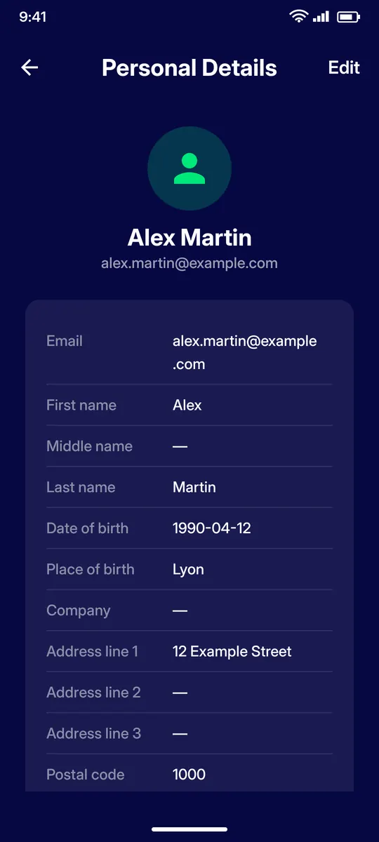 Clevor app screenshot: settings personal details