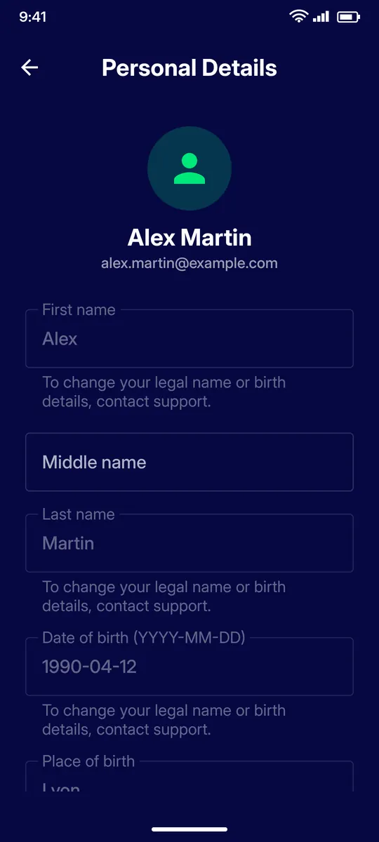 Clevor app screenshot: settings personal details edit