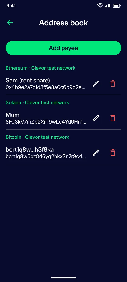 Clevor app screenshot: settings address book