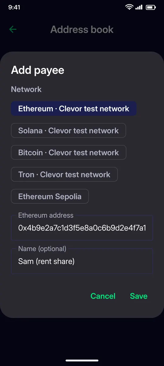 Clevor app screenshot: settings address book add